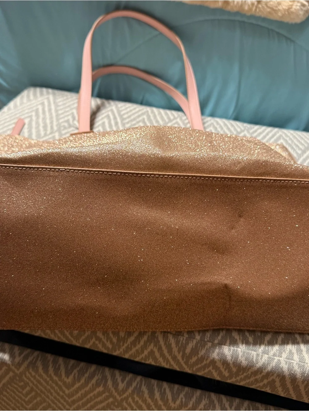 Kate Spade Rose Gold Glitter Tote with Pink Handles